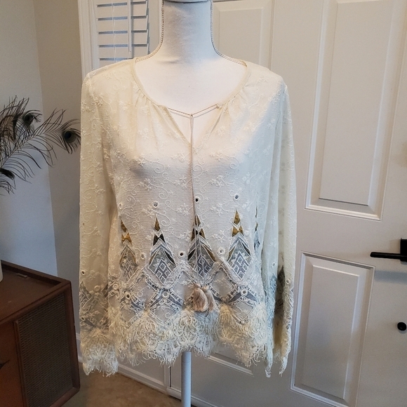 Elie Tahari Imelda‎ Blouse Womens Small S Lace Crochet Tassels Cream Tan Boho - Picture 1 of 13